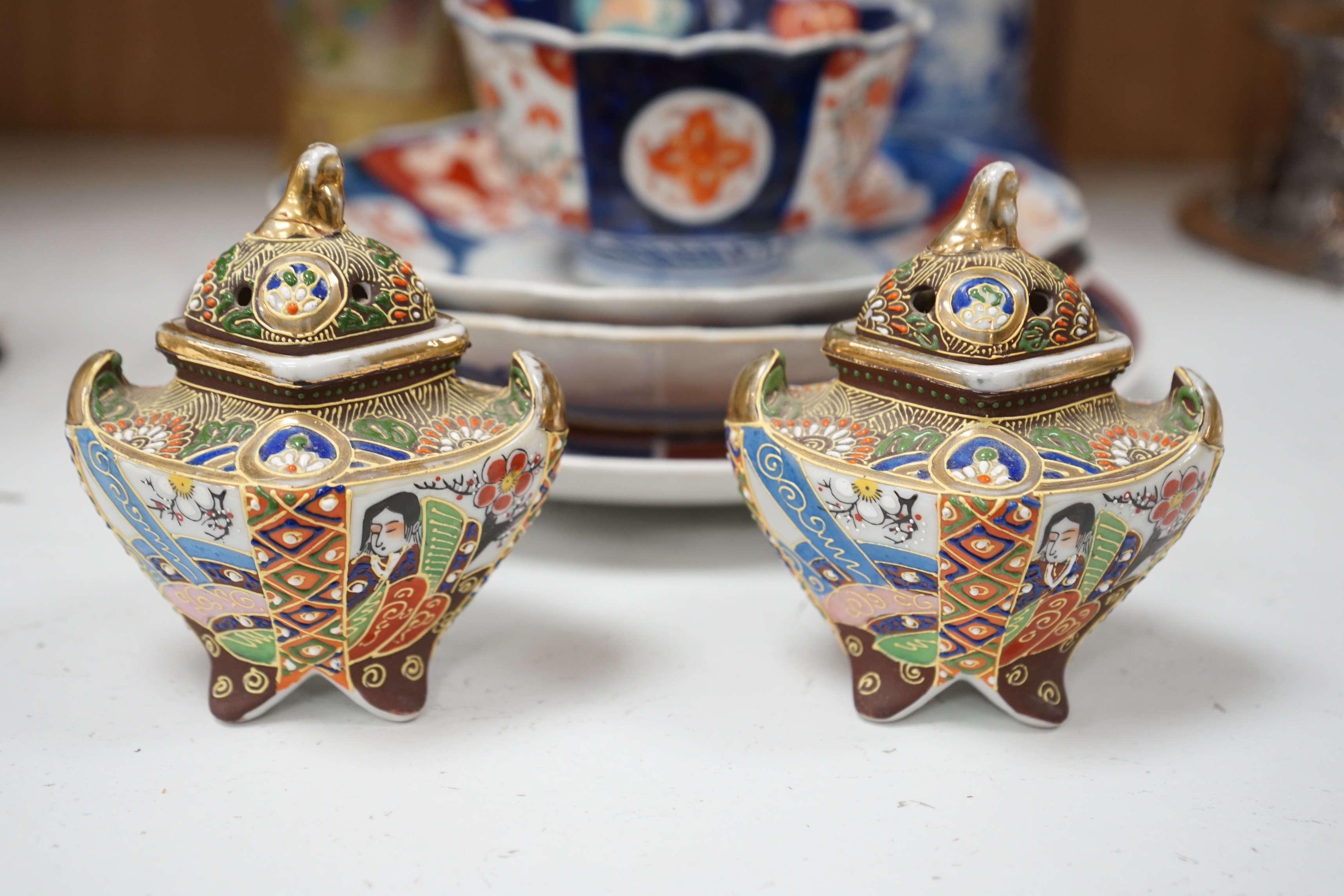 A group of Japanese ceramics to include Imari dishes a Seto ware blue and white vase etc. tallest 30cm